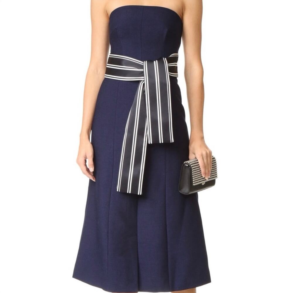 C/MEO Collective Strapless Navy Midi Dress with Black & White Sash